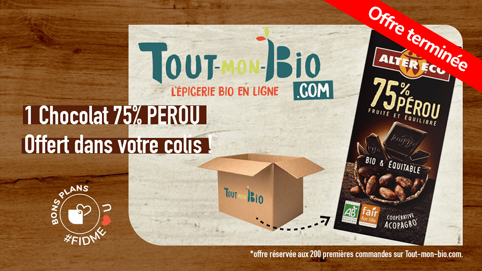 ToutMonBio.com Offre app Fidme - En ce moment 1 tablette de Chocolat 75% Pérou offerte