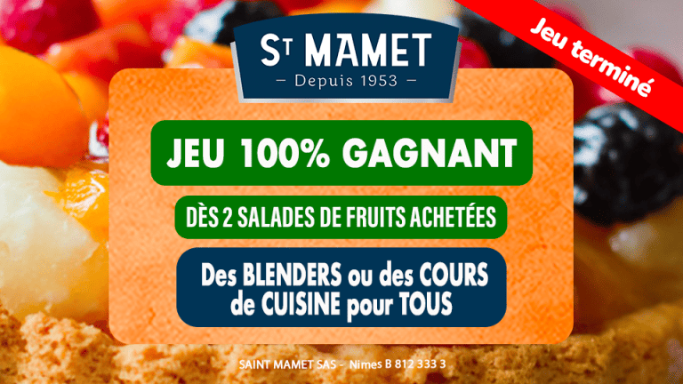Promo Jeu-Concours 100% Gagnant ST MAMET sur Fidme - Blender et Cours de cuisine à gagner sur l'app gratuite Fidme (Promos, Cartes de fidélité et Réductions de marques)