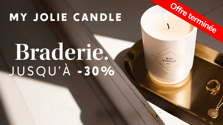 Offre MY JOLIE CANDLE Braderie 30% de réduction sur tout le site - Code promo disponible exclusivement sur l'app Fidme gratuite de Promos et Cartes de fidélité